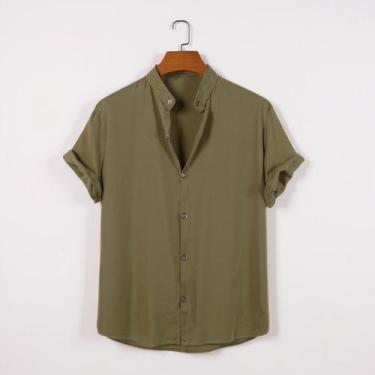 Imagem de Camisa Social Gola Padre Masculina Manga Curta Aspecto Linho - Volgue,