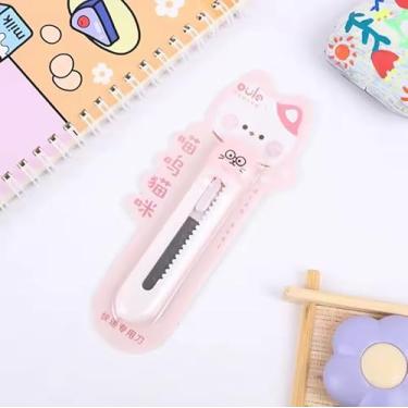 Imagem de Oula Estiletes Decorativos com Desenho de Gato, Conjunto com 3 Peças, Cores Rosa, Azul e Branco, Lâmina Retrátil (Rosa)