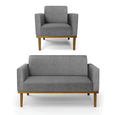 Imagem de Sofá Namoradeira com Poltrona Base de Madeira Fixa Castanho Marisa Linho Grafite A26 D03 - D'Rossi