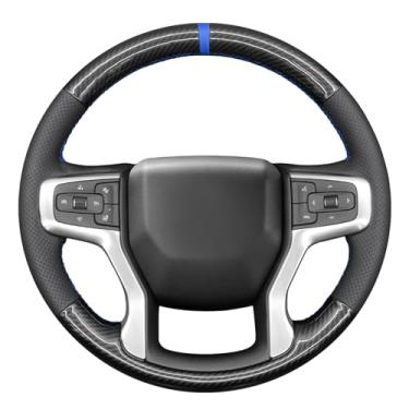 Imagem de MEWANT Capa de volante costurada à mão de fibra de carbono brilhante e couro PU para Chevrolet Blazer/Silverado (1500)/ Silverado (2500/3500)/Suburban/Tahoe acessórios de volante