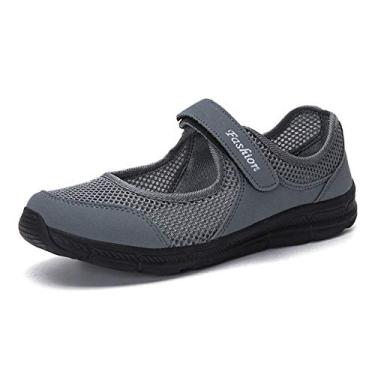 Imagem de Bigfanshu Tênis feminino raso de malha ultra leve casual Mary Janes confortável caminhada tênis plus size, Cinza-escuro, 5