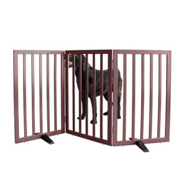 Imagem de ZJSF Portão interno independente para cães para casa, portão dobrável de madeira para filhotes, portão de animais de estimação para escadas, cerca extra larga para animais de estimação, marrom, 81 cm