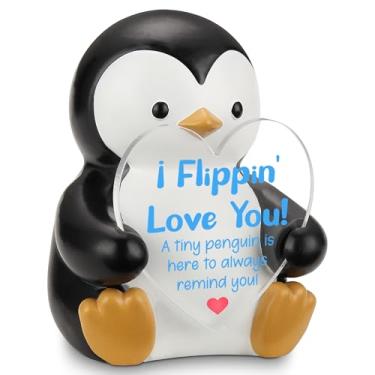 Imagem de Estatueta de pinguim I Flippin' Love You, pinguim de resina fofo segurando coração, presente romântico para namorada, namorado, marido, esposa, lembrança de decoração de mesa de aniversário de dia dos