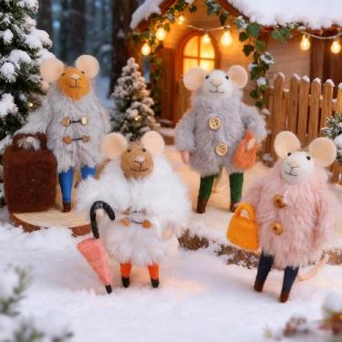 Imagem de Watereem Conjunto de 4 enfeites de rato de feltro de Natal, mini ratos modernos de 12,7 cm para pendurar guirlanda de árvore de Natal, decoração de mesa de Natal de lã, artesanato com animais para