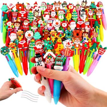 Imagem de LUYI 60 mini canetas multicoloridas de Natal em uma 4 em 1, canetas divertidas e fofas de Natal, canetas retráteis, de Papai Noel, boneco de neve, para festas de fim de ano, material escolar