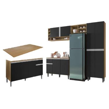 Imagem de Armário de Cozinha Vanessa com Balcão Tati 150m com Tampo MDP Amêndoa/Preto - AJL