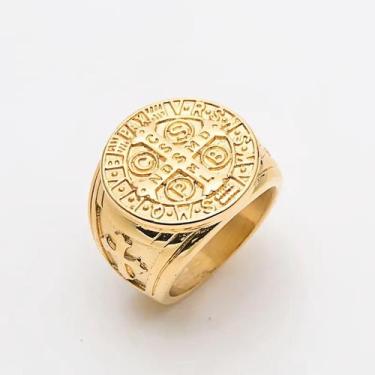 Imagem de Anel Masculino Dourado Medalha de São Bento  Aço Resistente, Design Re