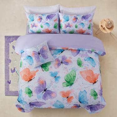 Imagem de A Nice Night Jogo de cama com 6 peças, estampa de borboletas, estampa de borboletas, roxo, verde, Queen