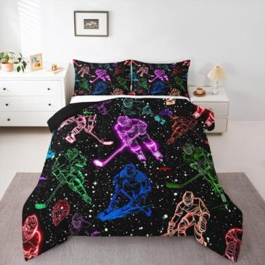 Imagem de Conjunto de edredom solteiro de hóquei no gelo, bola de aquarela, esporte europeu com efeito de glitter, para crianças, meninas, meninos, com estampa de efeito glitter, não texturizado, decoração para