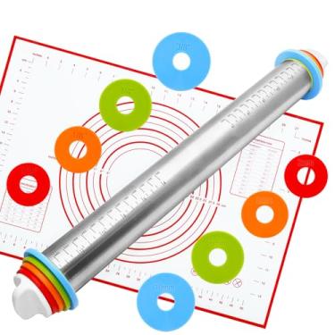 Imagem de Conjunto de rolo de massa e pastelaria, rolos com anéis de espessura ajustável, rolo de massa de aço inoxidável para assar fondant, pizza, torta, pastelaria, macarrão, biscoitos (tapete vermelho)