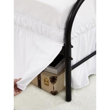 Imagem de RIMELA Saia para cama com elástico e babados, cor lisa, resistente a amassados e desbotamento com cinto elástico ajustável, fácil de instalar, branco para King Size 38 cm de altura