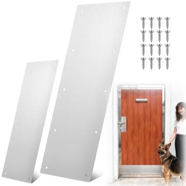 Imagem de Blulu Placa de pressão de proteção de porta de metal de aço inoxidável com parafusos Placas de chute de porta escovadas para interior exterior acessórios resistentes a arranhões (2 peças, 40,6 x 10,2