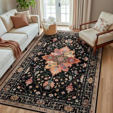 Imagem de RELEANY Tapetes de área 1,5 x 20,3 m, lavável, antiderrapante, estampa floral, vintage, tapete medalhão para sala de estar, quarto, sala de jantar, preto, colorido, floral, castanho-escuro