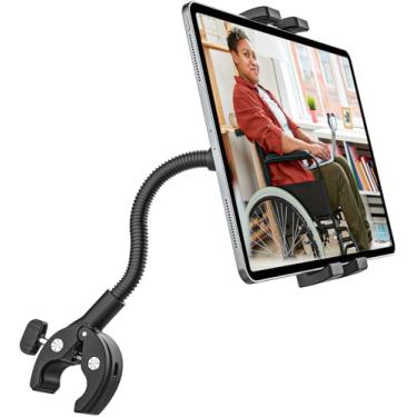 Imagem de Suporte de tablet para cadeira de rodas/carrinho de golfe/capacete de barco/suporte de microfone/esteira/bicicleta giratória/ciclismo interno, braçadeira de guidão ajustável de 360°, compatível com