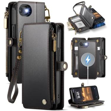 Imagem de Defencase Capa carteira magnética para iPhone 16E compatível com Magsafe com bloqueio de RFID, bolso com zíper e porta-cartão para mulheres e homens, capa removível de couro sintético para iPhone 16e