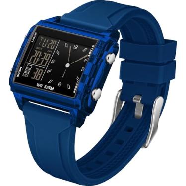 Imagem de Relógio digital masculino esportivo duplo à prova d'água, militar, ao ar livre, exclusivo, legal, grande, retangular, relógio de pulso com alarme, cronômetro, contagem regressiva, LED, luminoso, para