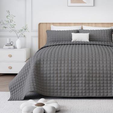 Imagem de WSOFRLAC Conjunto de colcha Queen, conjunto de edredom de veludo luxuoso com fronhas, colcha leve e macia para todas as estações, cinza escuro