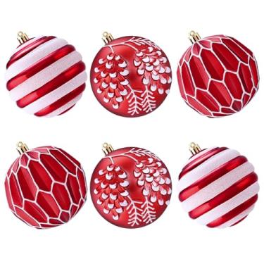 Imagem de Uspring 6 peças de enfeites de bola de Natal vermelha e branca – Conjunto grande de enfeites de Natal de 9 cm, decorações de árvore de Natal inquebráveis para festas de casamento com cordas