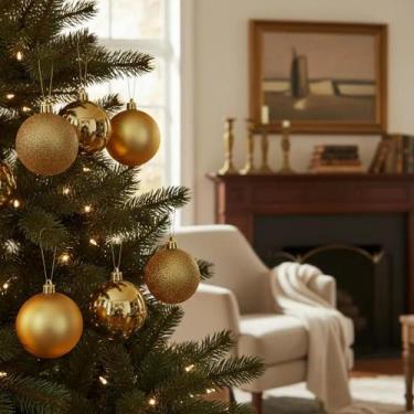 Imagem de 06 Bolinhas De Natal Coloridas Glitter Enfeite Arvore 7cm Dourado Deco