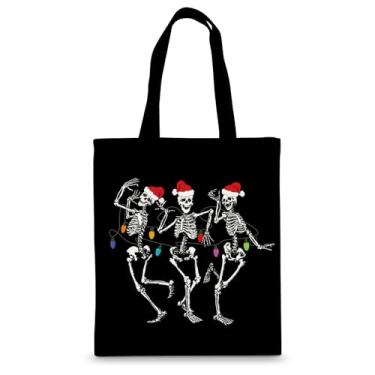 Imagem de Whaline Sacolas de lona de Natal esqueleto dançante com chapéu de Papai Noel, sacola de compras preta reutilizável para presente para armazenamento de embrulho, lembrancinha de festa