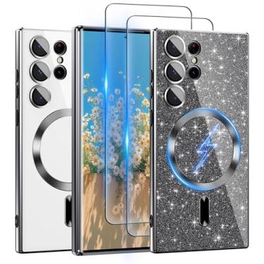 Imagem de Capa para Samsung Galaxy S23 Ultra compatível com MagSafe, [cartão de glitter e 2 peças de proteção de tela HD] [nunca amarela], capa fina à prova de choque antiarranhões transparente para Glaxy S23