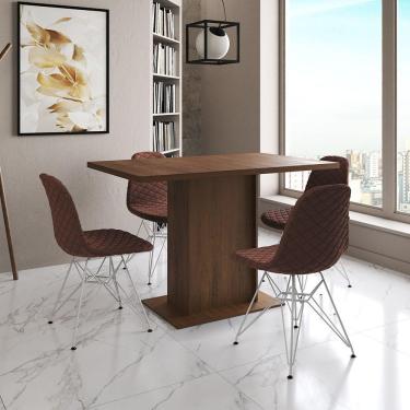 Imagem de Mesa Jantar Londres Tampo Amêndoa 120Cm 4 Cadeiras Ferro Branco Estofado Caramelo