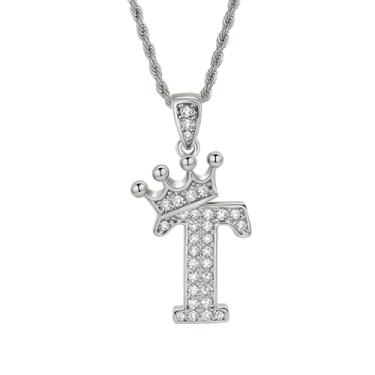 Imagem de Colares femininos com inicial de prata, colar longo com pingente delicado de letra A-Z, colar com nome de coroa, joias para presente feminino, One size, Metal, Sem Pedra Preciosa