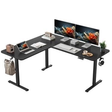 Imagem de YIHAYO Mesa de pé em forma de L, altura ajustável, mesa de canto elétrica de 150 x 139 cm, mesa de computador com suporte para sentar com placa de emenda, preta
