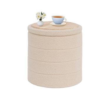 Imagem de CAIPINFUL Otomano redondo com armazenamento, mesa de centro boucle otomana, apoio para os pés para corredor, sala de estar, quarto - bege