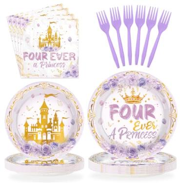 Imagem de Greencian 96 peças de artigos de festa de aniversário de princesa, quatro pratos e guardanapos descartáveis, castelo roxo, 4º conjunto de utensílios de mesa para meninas de 4 anos, decorações de festa