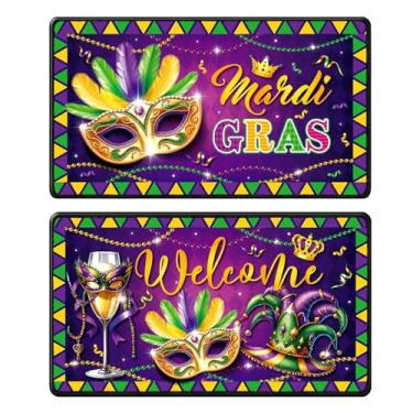 Imagem de InIsaJace Tapete Happy Mardi Gras, 2 peças, antiderrapante, carnaval, tapete de entrada, tapete decorativo roxo para porta da frente (71 x 40 cm)