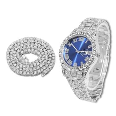 Imagem de richhut Relógio de diamante masculino masculino - mostrador azul - pulseira de 18 mm de largura banhado a ouro real 18 k ouro branco banhado a platina, com conjunto de corrente de tênis opcional