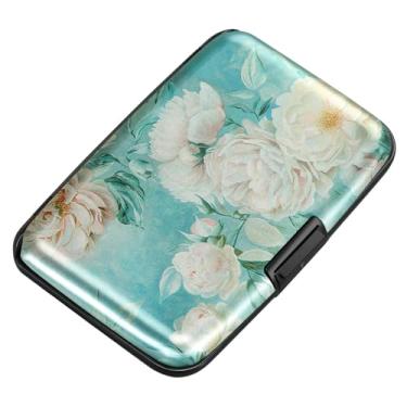 Imagem de ELFISH Mini carteira de alumínio RFID porta-cartões de crédito capa de metal para identidade masculina e feminina (peônia branca), Peônia branca