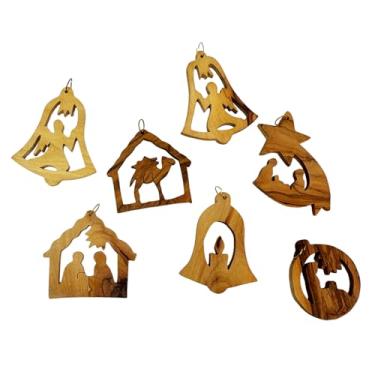 Imagem de Conjunto de enfeites de presépio de 7 peças esculpidas à mão em madeira de oliveira – Decoração de árvore de Natal de Jesus da Terra Santa de Belém - Presente Cristão Feito à Mão 6,3 cm (desenhos da