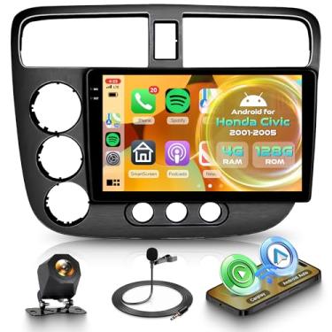 Imagem de Orderich Rádio veicular Android 4G + 128G para Honda Civic 2001-2005 com CarPlay sem fio Android Auto, tela sensível ao toque de 23 cm, conexão de espelho estéreo para carro, navegação GPS, WiFi