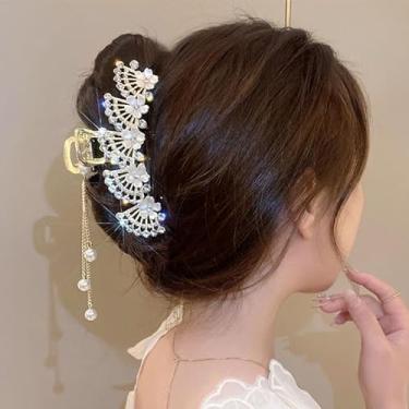 Imagem de Conjunto de flores em forma de leque de alta qualidade com borlas de diamante, clipe de garra na parte de trás da cabeça, temperamento de estilo antigo, design de clipe de tubarão de diamante