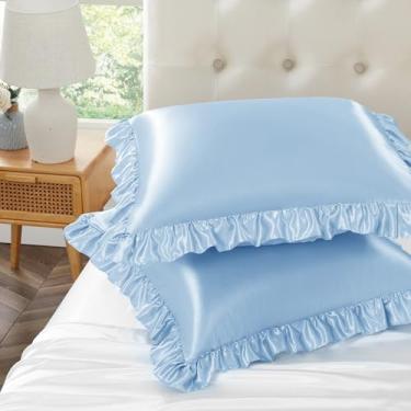 Imagem de Eychei Conjunto de 2 fronhas de travesseiro azul bebê com babados, 66 x 66 cm, fronhas de cetim para cabelo e pele, fronha de seda com fecho de envelope, fronha com babados antirugas para sofá, cama