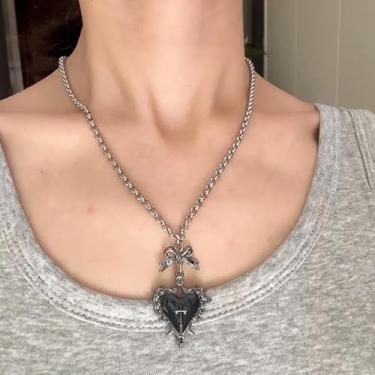 Imagem de Colar com laço gótico e coração para mulheres, pingente de laço preto, corrente pendente, vermelho, preto, roxo, joias presentes de amizade para mulheres, presentes de Natal, Dia dos Namorados, Medium