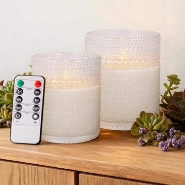 Imagem de Velsyn Velas de vidro pontilhado sem chama com temporizador remoto, velas de pilar de LED de cera real operadas por bateria com chama cintilante 3D para decoração de festa de casamento, festa, 7,6 x