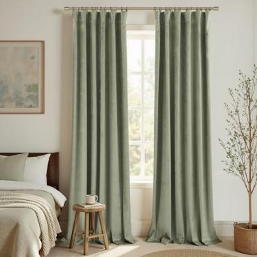 Imagem de Cortinas de veludo verde sálvia boho escurecimento de quarto para quarto, blackout verde claro mudo vintage estética sutil luxo plissado casa de campo francês casa de campo cortina central para sala