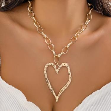 Imagem de Colar de coração grosso, pingentes fofos, corrente de pérolas grandes ajustáveis, Medium, Latão, Sem Pedra Preciosa