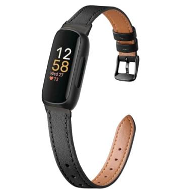 Imagem de Pulseira fina de couro legítimo compatível com Fitbit Inspire 2 1 feminina, pulseira fina de couro genuíno de grão superior para (preto/preto, para Fitbit Inspire 2/1)