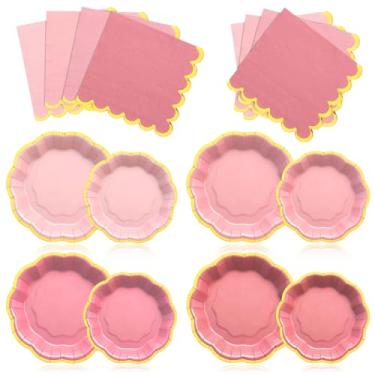 Imagem de Vesici 60 peças de pratos de festa rosa com guardanapos, pratos de papel de 23 cm e guardanapos descartáveis com borda dourada para chá de bebê, chá de aniversário, artigos de festa de casamento