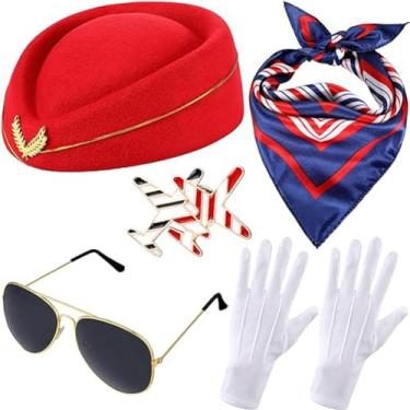 Imagem de UPSTORE Conjunto de acessórios de fantasia de aeromoça, 5 peças, feminino, chapéu de comissária de bordo, óculos de sol, luvas e broches (vermelho)