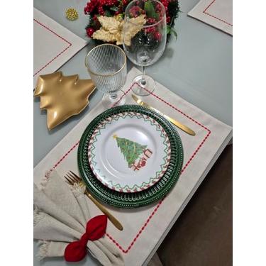 Imagem de Kit Jogo Americano Dupla Face (6 lugares) Tecido Impermeável Natal Creme com Vermelho + 6 Porta Guardanapos | Mesa Posta