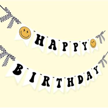 Imagem de JarThenaAMCS 2 peças, faixa de aniversário One Happy Dude 3D, rosto sorridente, faixa de papel de feliz aniversário com laço de fita para decoração suspensa de escritório em casa