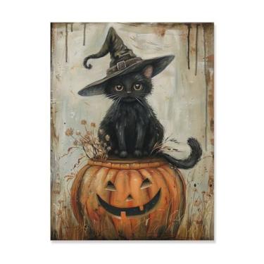 Imagem de HouLaiZhe Pôster de Halloween abóbora gato preto impressões de arte de parede decorações de Halloween decoração de quarto estética gótica para sala de estar quarto 18 x 24 polegadas (45 x 60 cm)