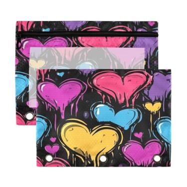 Imagem de Wassud Bolsa de lápis para fichário de 3 anéis neon padrão de coração bolsas com zíper serve para fichários padrão estojo de lápis para escritório, pacote com 2