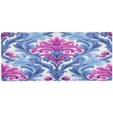 Imagem de Wassud Mouse pad rosa e azul damasco para jogos com base de borracha antiderrapante, mouse pad longo para teclado de computador com borda costurada, almofada grande impermeável para escritório, casa
