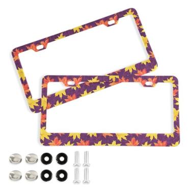 Imagem de Wassud Moldura decorativa de alumínio para placa de carro com folhas de bordo vermelhas, 2 unidades, suporte universal para placa de licença para carros padrão dos EUA